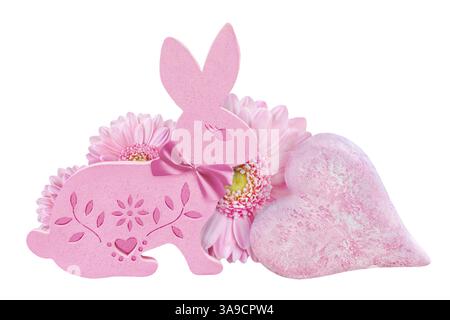 Pink Easter Bunny with heart and flowers isolated on white background Stock Photo