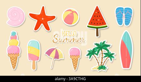 A collection of summer stickers with various seasonal elements on a light beige background. Stock Vector
