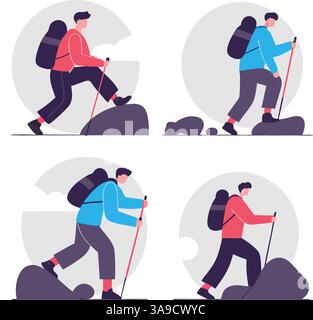 Illustration of four hikers with backpacks and trekking poles, wearing red and blue outfits, walking on rocky terrain. The background is minimalistic Stock Vector