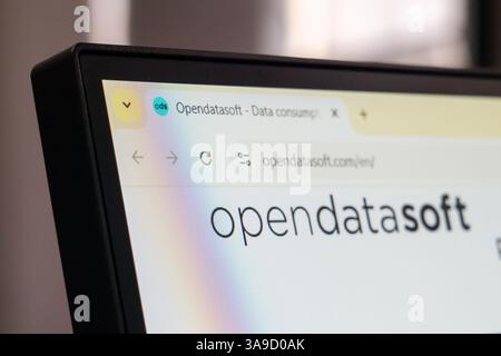 New York, USA - March 30, 2025: Opendatasoft open data platform homepage displayed on computer monitor with visible logo and address bar Stock Photo