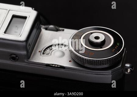 Close-up of shutter speed dial, frame counter and exposure meter window of an old camera Stock Photo