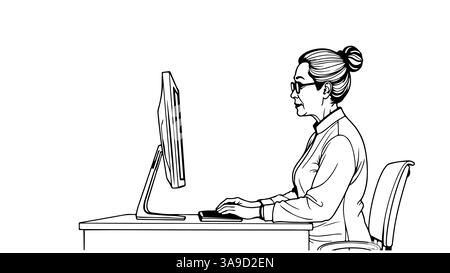 Eldery woman works at computer. Adult person with glasses and blouse. Poster business education coding testing gaming. Side view white background Stock Vector