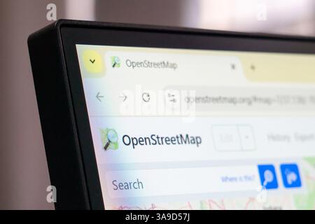 New York, USA - March 30, 2025: OpenStreetMap collaborative mapping website homepage displayed on computer monitor with logo and visible map tools Stock Photo