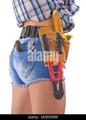 Female worker. Tools in back pockets and tool belt. Close up Stock Photo