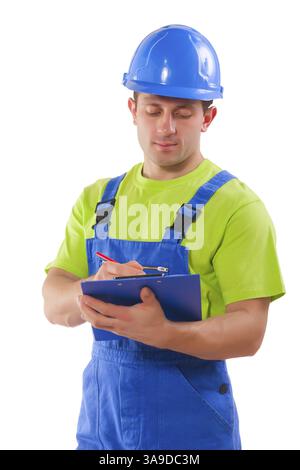 Worker writing in clipboard isolated Stock Photo