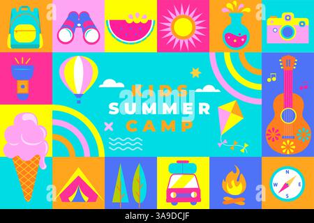 Kids Summer camp bright geometric flyer. Stock Vector
