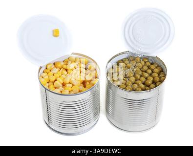 Two open Aluminium cans of corn and green peas Stock Photo