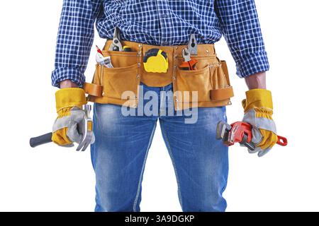 Ready to work close up view on tools in toolbelt and hands isolated construction concept Stock Photo
