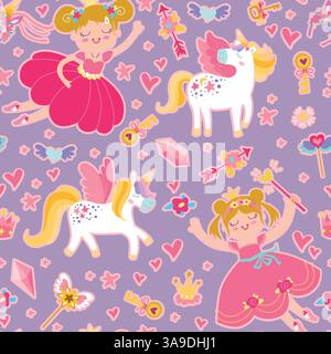 Vector childish seamless pattern with fairy and unicorn, stars, crystals, other elements. Fairy with a magic wand vector illustration. Cartoon fairy f Stock Vector
