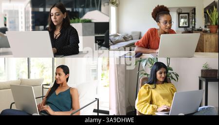 Four diverse attractive women using laptops for work or study Stock Photo