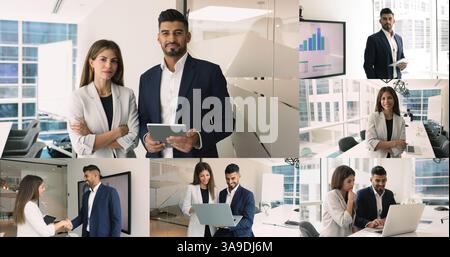 Collage of two multiethnic colleagues collaborating in office using devices Stock Photo