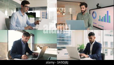 Four businessmen, office employees working on laptop seated at desk Stock Photo
