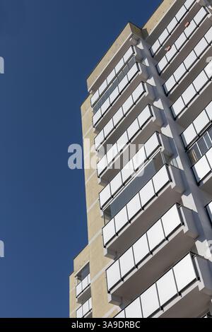 Modern white apartment building with balconies seen in Barcelona, Spain ...