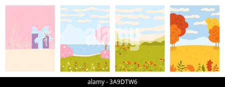 Four seasons of nature set vector cartoon illustration. Winter, spring, summer and autumn landscapes with trees, flowers, river and mountains. Bright art, simple design, seasonal poster for children Stock Vector