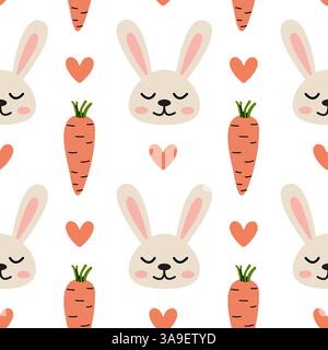 Pattern featuring cute rabbits, carrots, and hearts in playful design on a white background Stock Vector