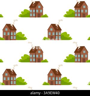 Charming cottage pattern design featuring lush greenery and gentle smoke rising from chimneys Stock Vector