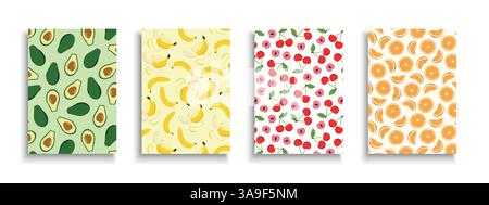 Collection of bright colorful summer fruits posters, templates, backgrounds placards, brochures, banners, flyers and etc. Juicy drawing covers Stock Vector
