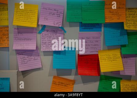 Adhesive notes on a bulletin board Stock Photo