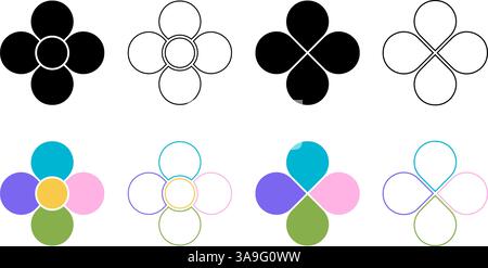 Set of flower silhouettes with 4 petals and core. Floral pie chart divided on four equal slices in leaf shapes isolated on white background. Diagram templates. Vector graphic illustration. Stock Vector