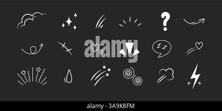 Anime Emotion effect. Collection of arrows, hearts and speech bubble. Doodle Vector illustration isolated on black background Stock Vector