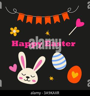 Colorful Easter decorations with bunny, eggs, and festive elements for celebration Stock Vector