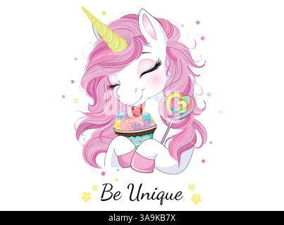 Vector illustration, happy unicorn with stars and hearts. Stock Vector