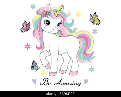 Vector illustration, cute unicorn surrounded by flowers and butterflies Stock Vector