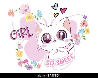 Vector illustration, kitten with flowers and butterfly shaped stuffer Stock Vector