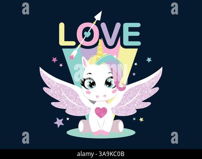 Vector illustration, beautiful unicorn with wings and rainbow Stock Vector
