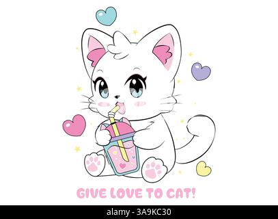 Vector illustration, kitten drinking soda Stock Vector