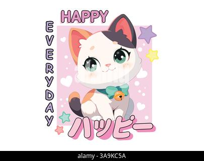 Vector illustration, cute kitten surrounded by stars and hearts. Stock Vector