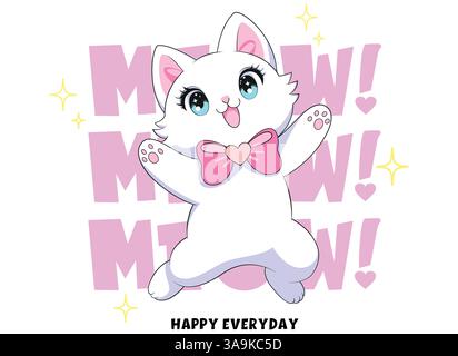 Vector illustration, adorable leaping white kitten. Stock Vector