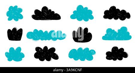 Colorful Crayon Drawings of Fluffy Clouds. Clouds in hand drawn style with grunge effect. Abstract cartoon and fluffy cloud icons. Stock Vector