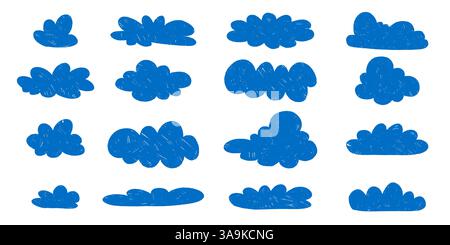 Blue Pencil Drawings of Fluffy Clouds. Clouds in hand drawn style with grunge effect. Abstract cartoon and fluffy cloud icons. Stock Vector
