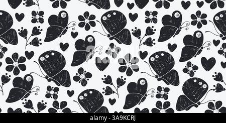 Seamless Pattern with Cute Butterflies, Flowers and Leaves. Simple and modern crayon drawings. Colorful insects and plants isolated on white Stock Vector