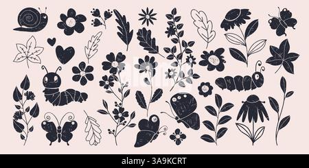 Cute Spring Flower, Leaves, Insects and Branches Collection in Black and White, Hand Drawn with Pencil. Monochrome ink silhouettes of cartoon herbs Stock Vector