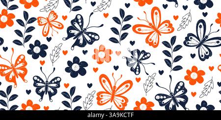 Seamless Pattern with Cute Butterflies, Flowers and Branches. Simple and modern crayon drawings of insects. Colorful bugs and plants isolated on white Stock Vector
