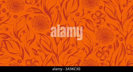 Wild Florals Seamless Pattern with Creative Hand Drawn Ink Herbs with Vibrant Colors. Botanical hand painted plants with grunge texture Stock Vector