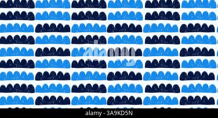 Seamless Pattern with Colorful Black and Blue Grunge Shapes. Retro clouds geometric wallpaper. Pencil naive cartoon drawings with hand drawn texture Stock Vector