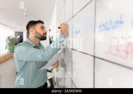 Serious Latin project leader man writing on scrum management board Stock Photo