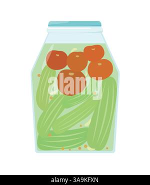 Cucumbers and tomatoes canned and marinated in a glass jar. Vector illustration Stock Vector
