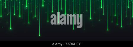 Green tech rain illustration - neon luminous vertical lines falling like digital raindrops, glowing streaks, futuristic laser lights, strings on black background for technology concept design. Stock Vector