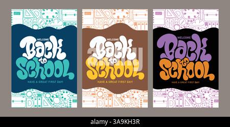 Back to school greeting clipart poster set design. Welcome back to school greeting text clip art in colorful doodle educational materials abstract Stock Vector
