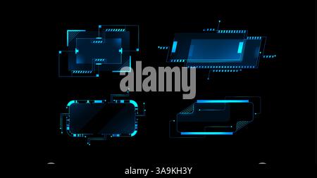 Futuristic cyberpunk HUD elements collection - neon blue glowing frames, shapes, digital callout titles on dark background. Sci fi game ui, virtual reality interface, dashboard display vector design. Stock Vector