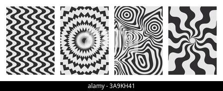 Optical illusion patterns set - abstract black and white designs with wavy lines, concentric circles and psychedelic swirls. Striped geometric ornaments, hypnotic spiral. Op art retro style textures. Stock Vector