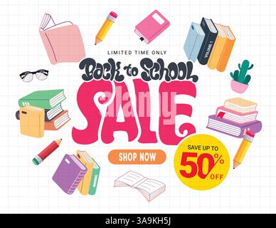 Back to school sale clipart design. School sale limited time special offer discount in grid background clip art with educational drawing elements Stock Vector