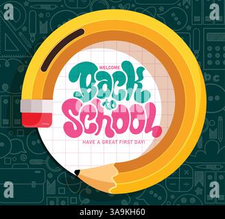 Back to school greeting clipart poster design. Welcome back to school greeting text in grid space with curved pencil drawing tool clipart in green Stock Vector