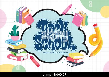 Back to school greeting clipart design. Welcome back to school text clip art in blue speech bubble grid space abstract background with colorful Stock Vector