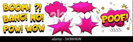 Pink and white comic book sound effect bubble collection - pow words, decor parts, cartoon pop art speech bubbles. Halftone elements for communication illustration in comix style on dotted background Stock Vector