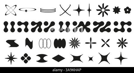 Y2k style geometric shape and symbol collection - black silhouette vector set of stars and flowers, ovals and blobs, abstract forms and metaballs. 2000s design elements for retro futuristic creation. Stock Vector